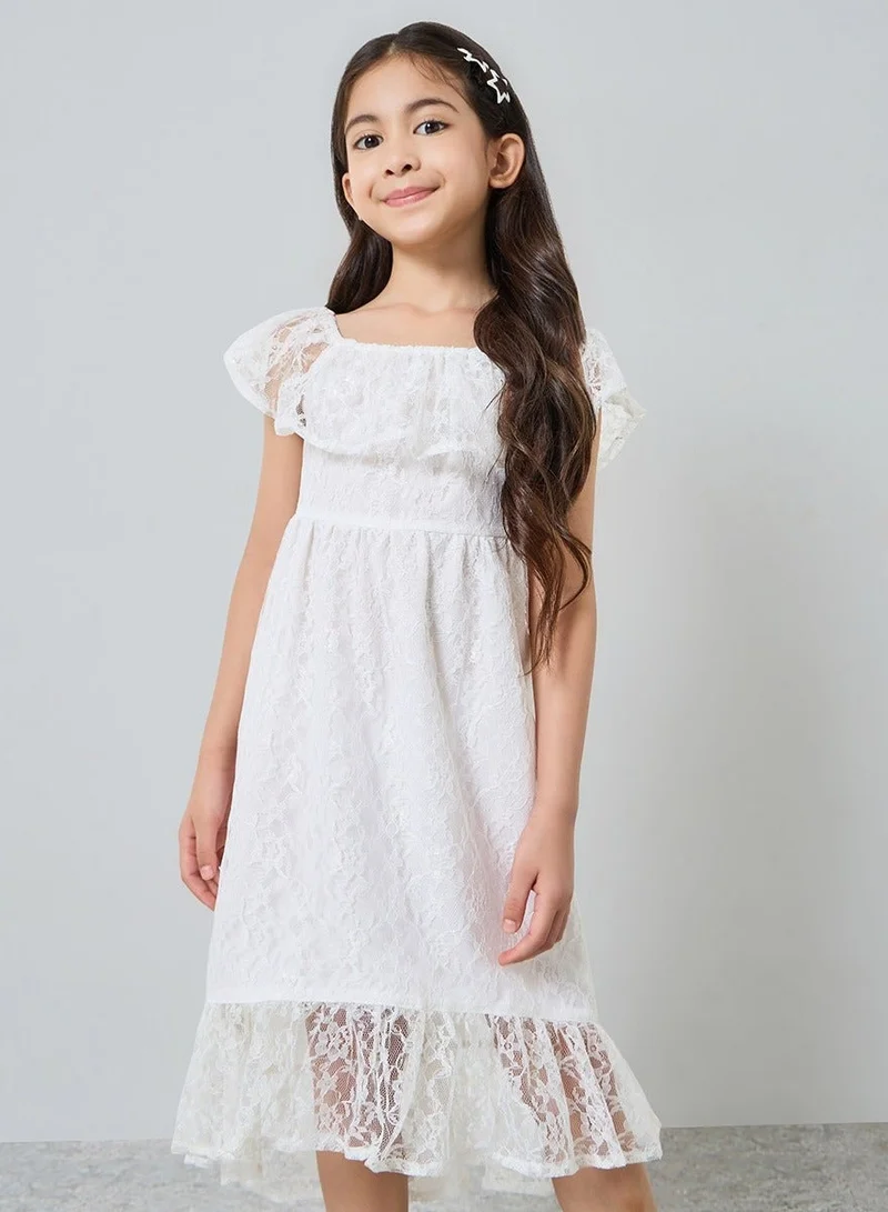 Styli Girls Lace Ruffled Midi Dress